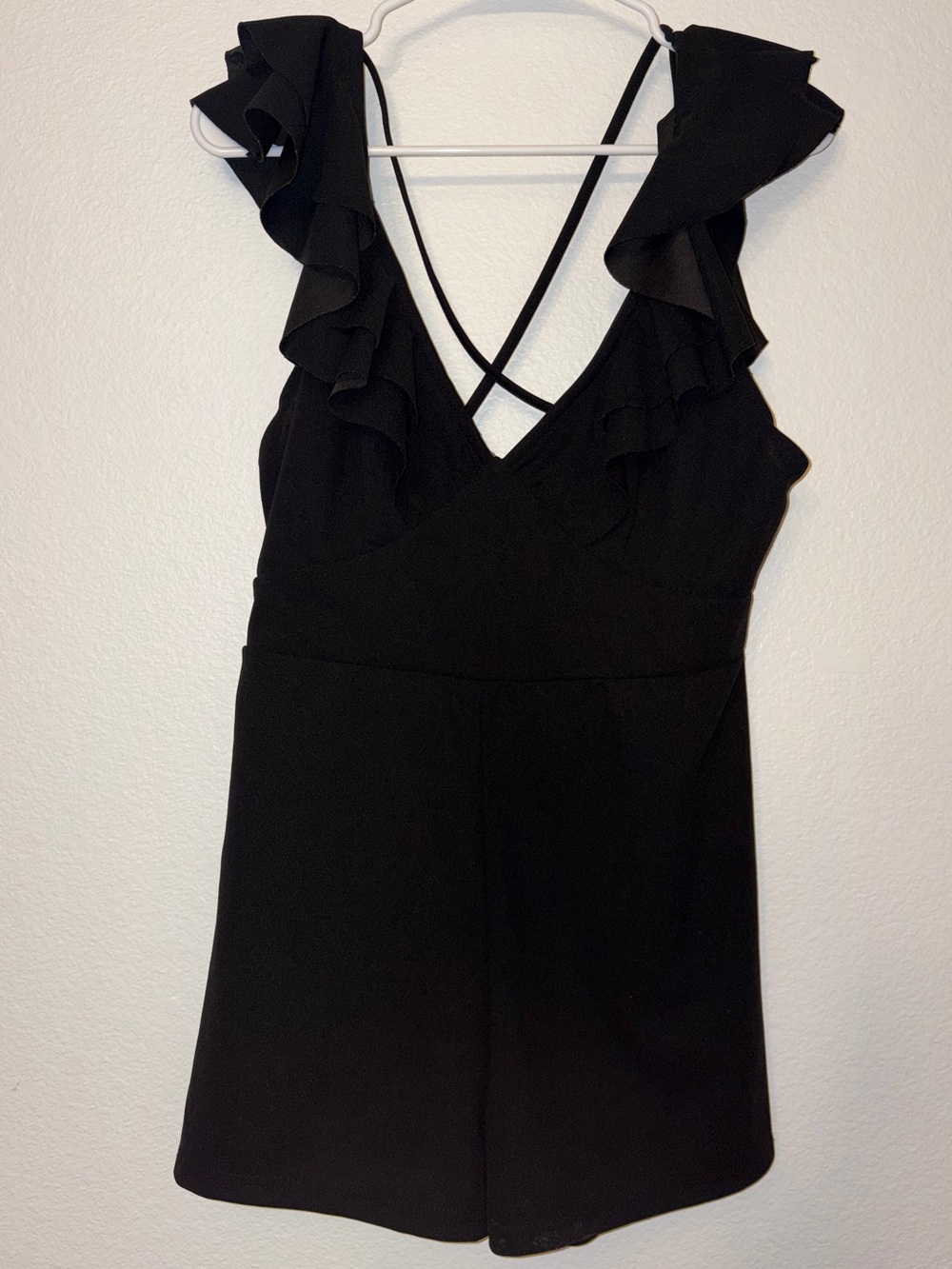 Black Ruffle V-Neck Cross Back Romper (Fits Medium)